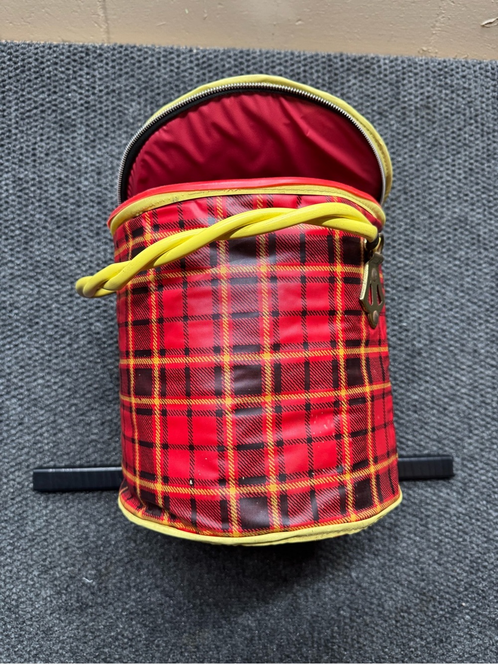 Vintage  Red Plaid Bucket with Yellow Trim